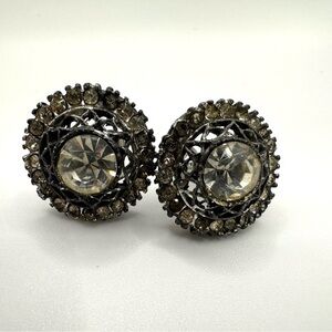Vintage Elegant Silver Tone and Black Clip-On Earrings